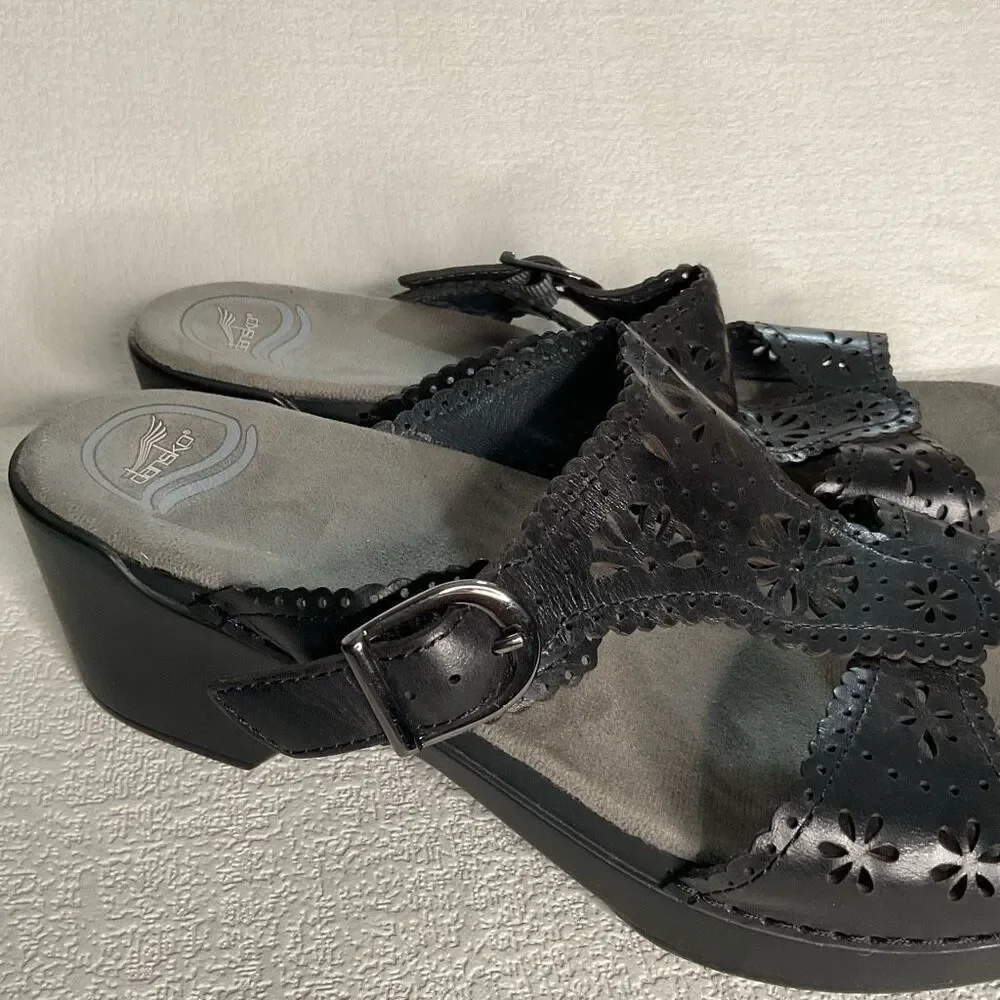 Dansko Sz 41 Sapphire Laser Cut  Black Slip-On Sandals 10,5-11 Buckle Wedge Heel